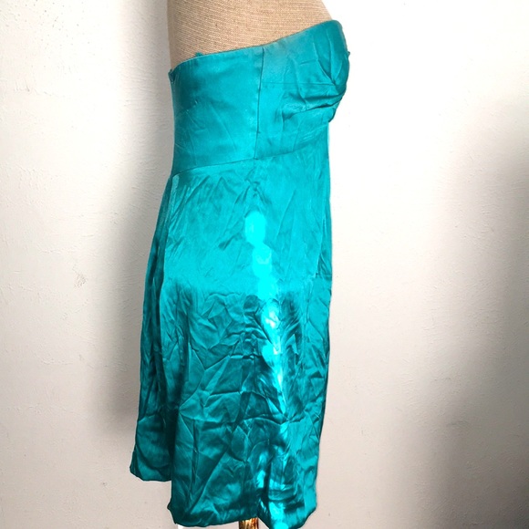 VTG Y2k NICOLE MILLER PETITES 100%SILK RUCHED DRAPED TEAL MIDI DRESS SZ 8P - Picture 8 of 9